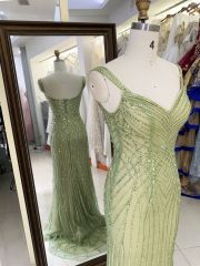 New luxury wholesale sage beading chain long gowns evening dresses women for prom 2025 robe des soiree chic