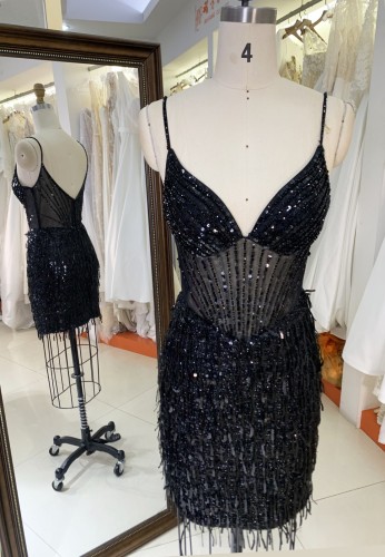 2025 Black fashion sexy tassel fringe sequin satin dance dress see-through corset party dress for Ladies Party Homecoming