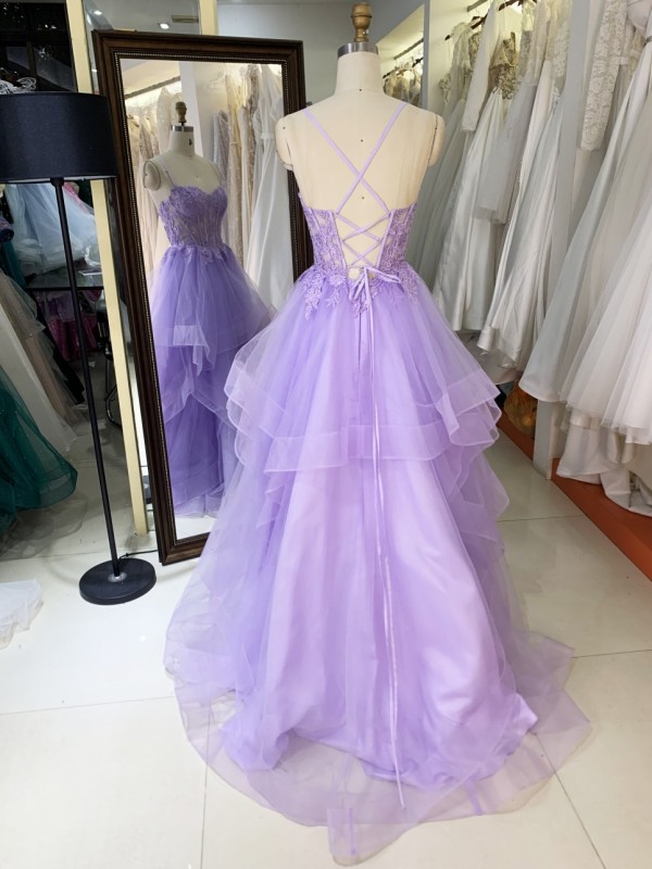 New Fashionable 2025 Lilac high quality elegant ruffle embroidery lace up back princess prom dresses