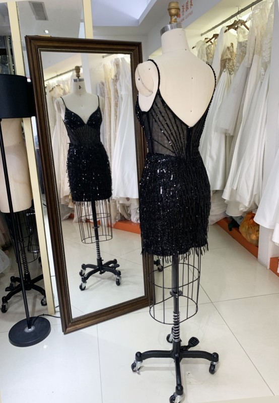 2025 Black fashion sexy tassel fringe sequin satin dance dress see-through corset party dress for Ladies Party Homecoming