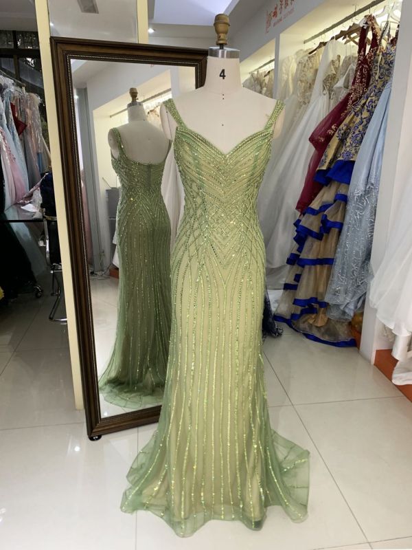 New luxury wholesale sage beading chain long gowns evening dresses women for prom 2025 robe des soiree chic