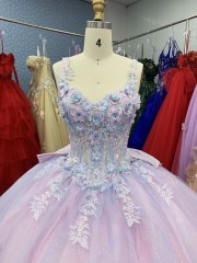 2025 New custom high quality pink and purple color V-neck 3D flowers embroidery lace evening ball gowns for quinceanera dress