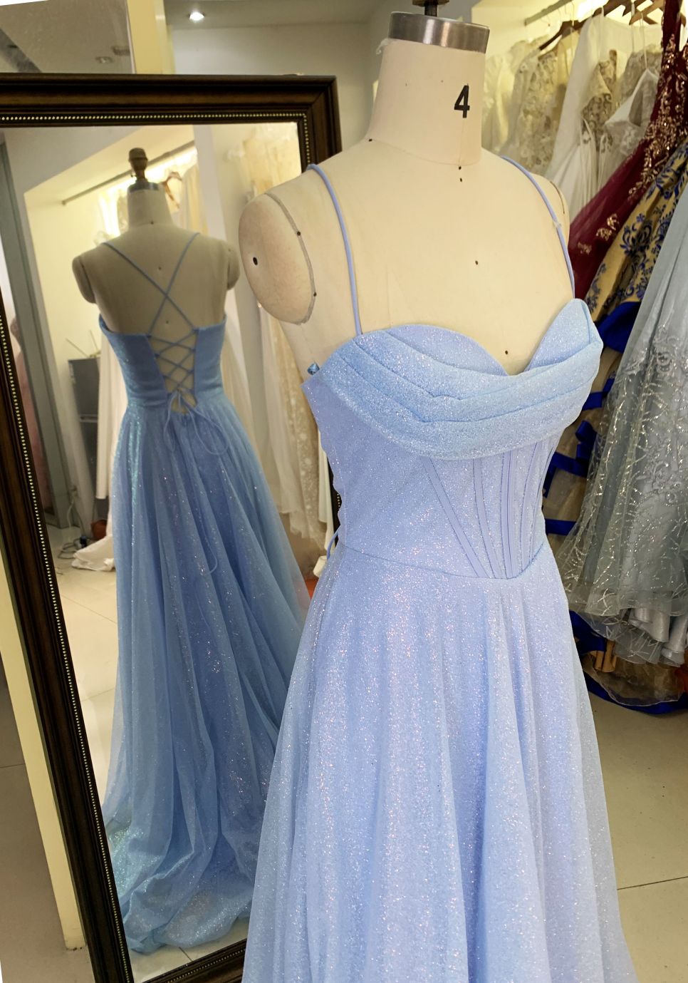 2025 New style pale blue elegant glitter tulle A Line skirt women's evening dress long train prom dress