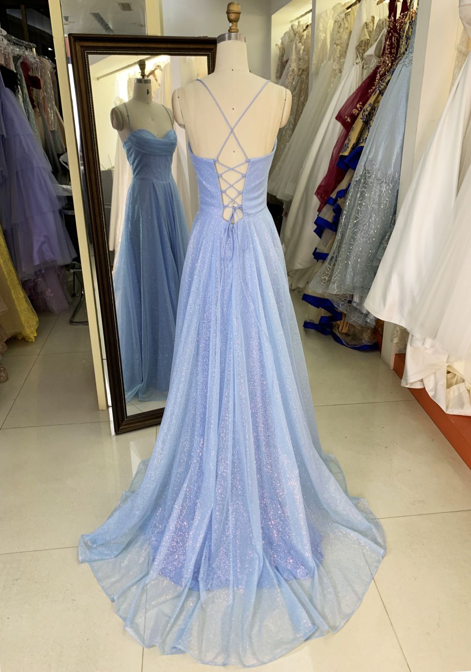 2025 New style pale blue elegant glitter tulle A Line skirt women's evening dress long train prom dress