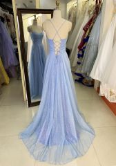 2025 New style pale blue elegant glitter tulle A Line skirt women's evening dress long train prom dress