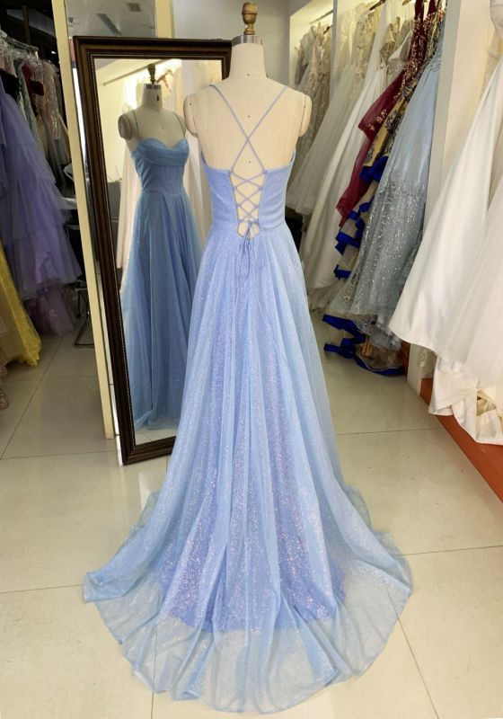 2025 New style pale blue elegant glitter tulle A Line skirt women's evening dress long train prom dress