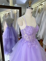 New Fashionable 2025 Lilac high quality elegant ruffle embroidery lace up back princess prom dresses