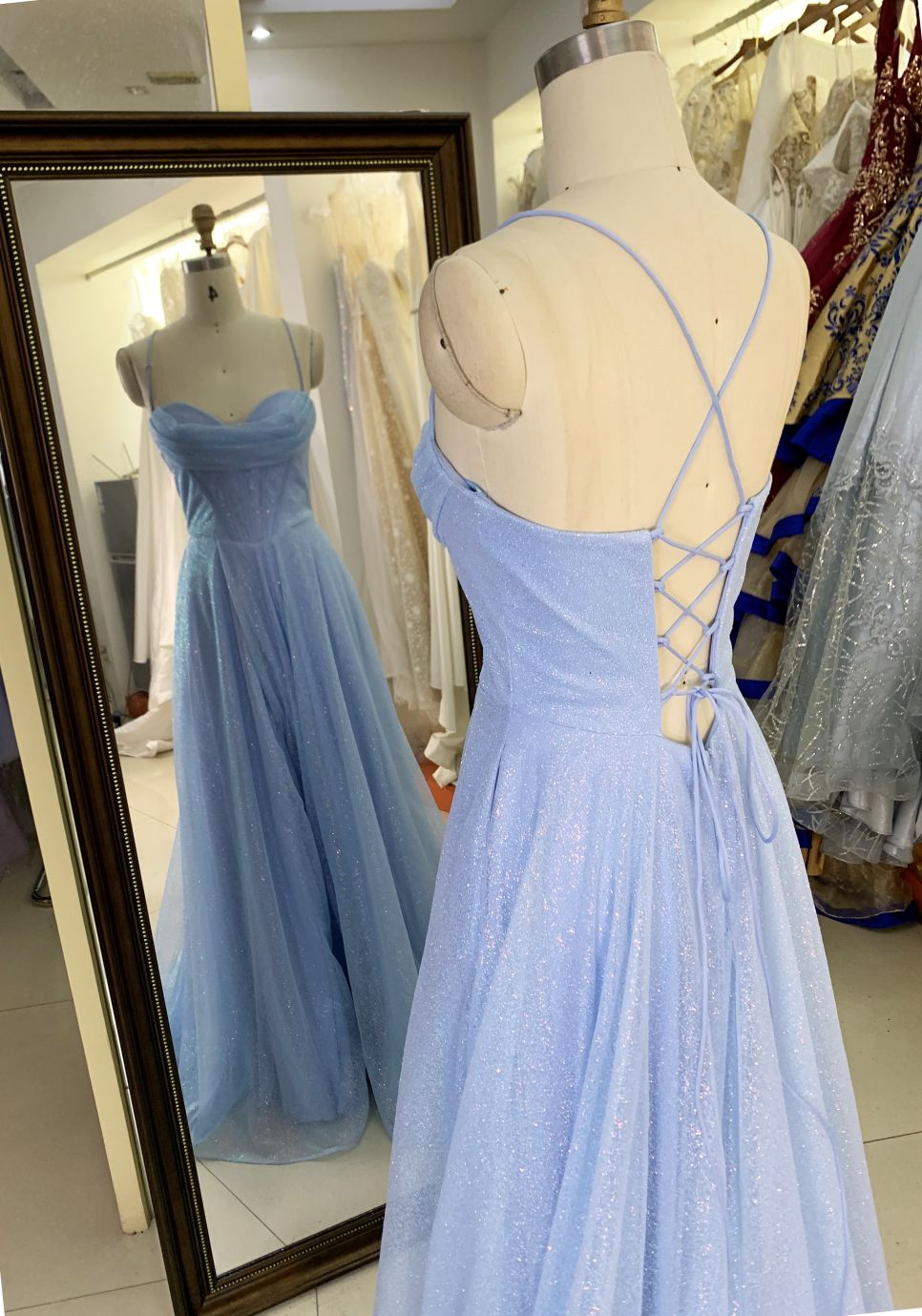 2025 New style pale blue elegant glitter tulle A Line skirt women's evening dress long train prom dress