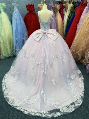 2025 New custom high quality pink and purple color V-neck 3D flowers embroidery lace evening ball gowns for quinceanera dress