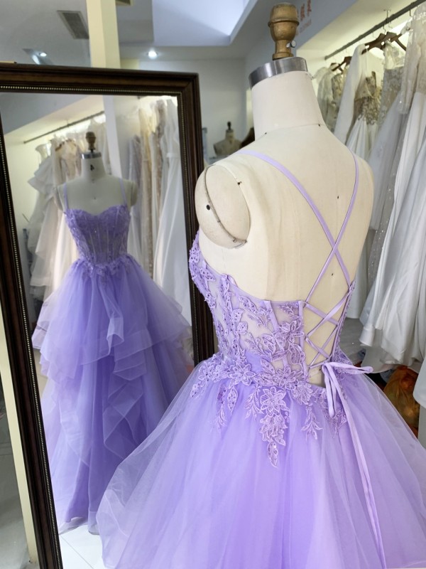 New Fashionable 2025 Lilac high quality elegant ruffle embroidery lace up back princess prom dresses