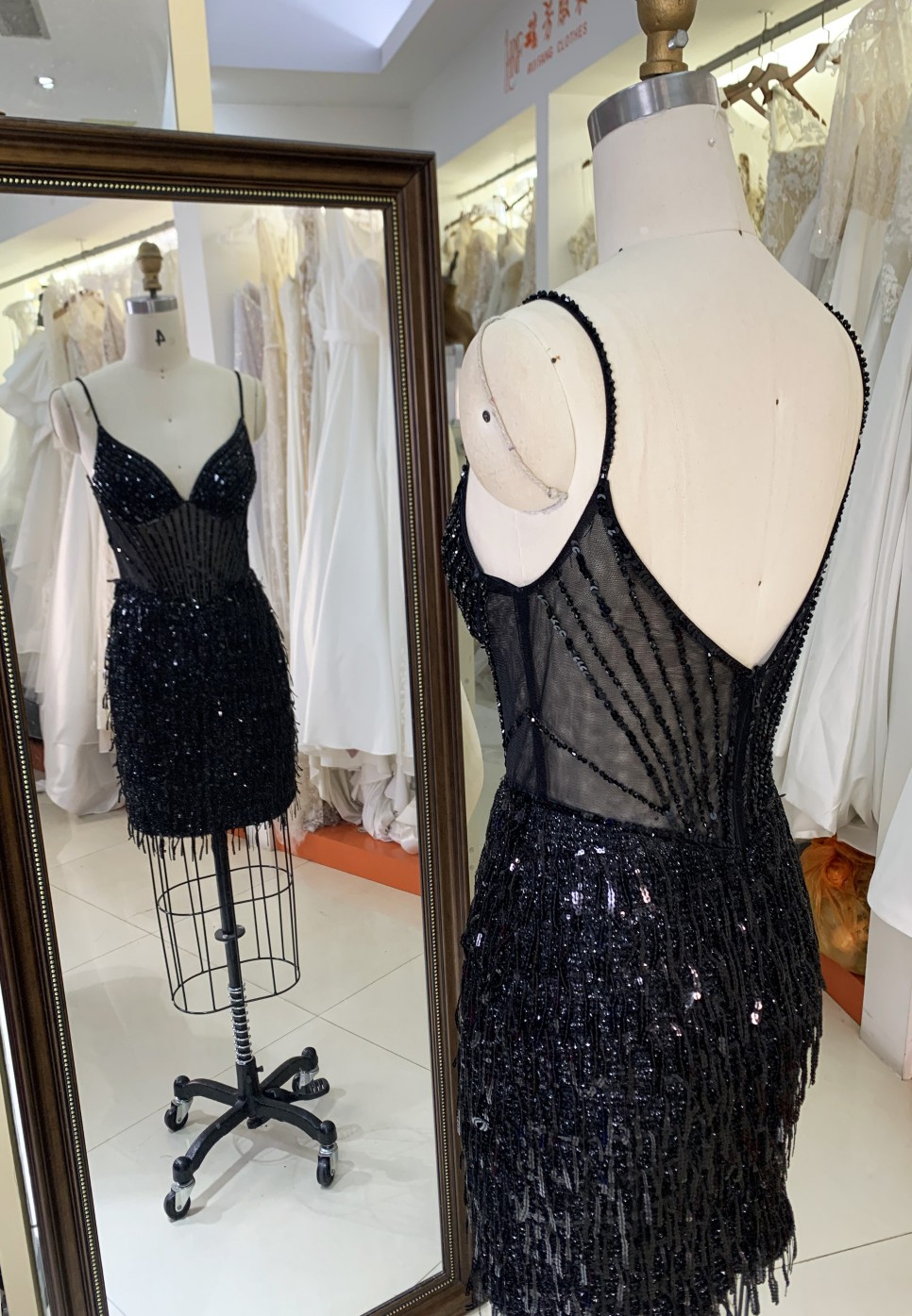 2025 Black fashion sexy tassel fringe sequin satin dance dress see-through corset party dress for Ladies Party Homecoming