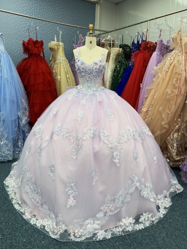 2025 New custom high quality pink and purple color V-neck 3D flowers embroidery lace evening ball gowns for quinceanera dress