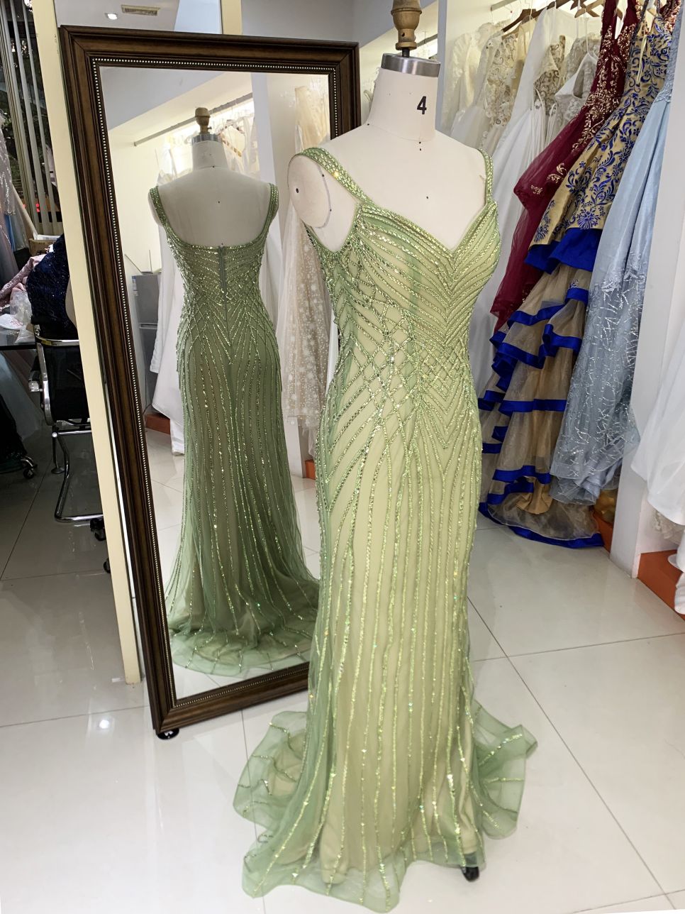 New luxury wholesale sage beading chain long gowns evening dresses women for prom 2025 robe des soiree chic