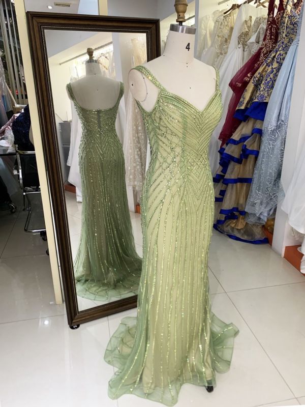 New luxury wholesale sage beading chain long gowns evening dresses women for prom 2025 robe des soiree chic