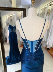 New Fashionable 2025 high quality elegant Teal sleeveless corset zipper up back mermaid fitted satin prom dresses