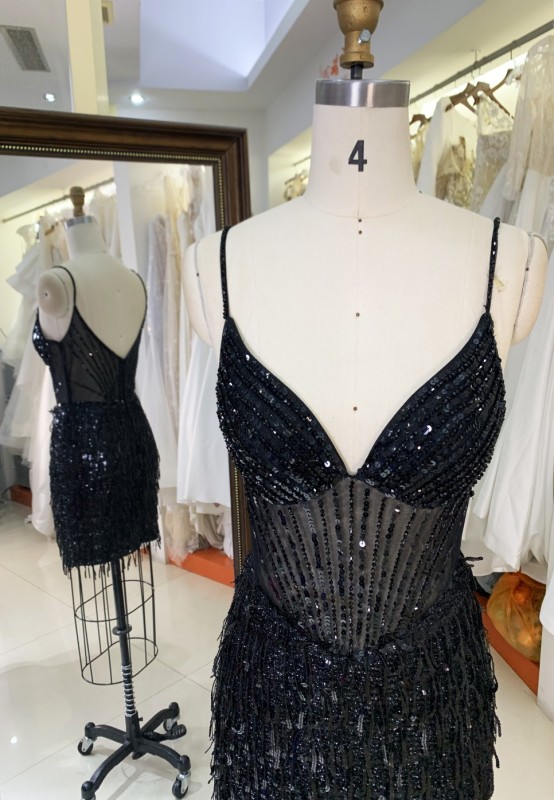 2025 Black fashion sexy tassel fringe sequin satin dance dress see-through corset party dress for Ladies Party Homecoming