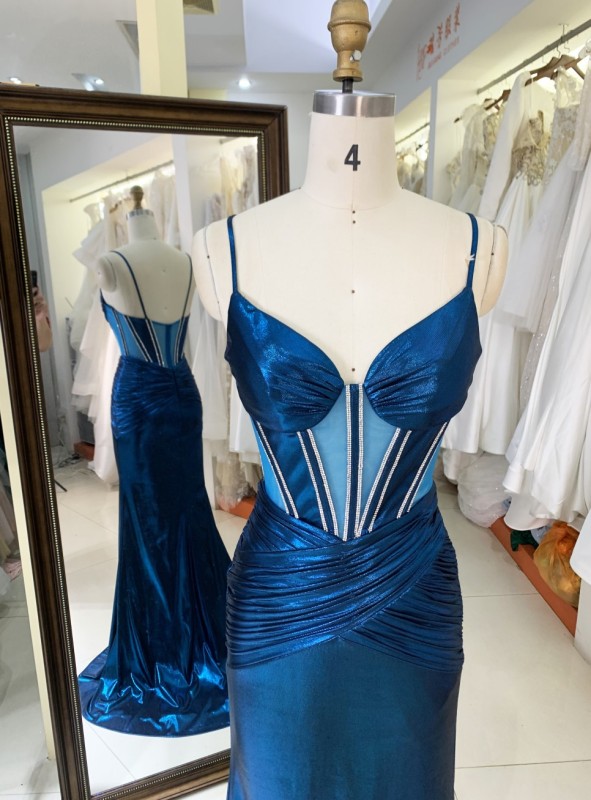 New Fashionable 2025 high quality elegant Teal sleeveless corset zipper up back mermaid fitted satin prom dresses