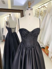 2025 High quality black rhinestone A-line skirt lace up back sexy sleeveless slim pleated prom dress