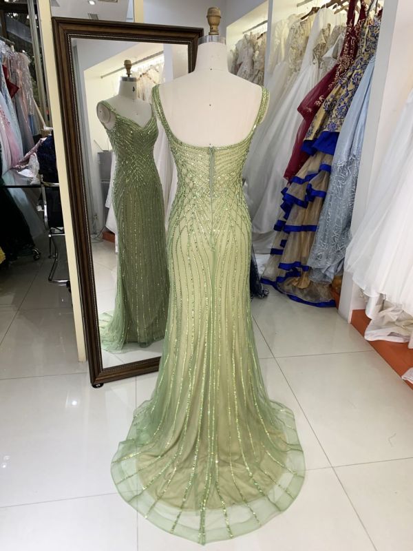 New luxury wholesale sage beading chain long gowns evening dresses women for prom 2025 robe des soiree chic