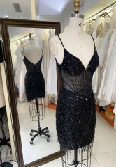 2025 Black fashion sexy tassel fringe sequin satin dance dress see-through corset party dress for Ladies Party Homecoming