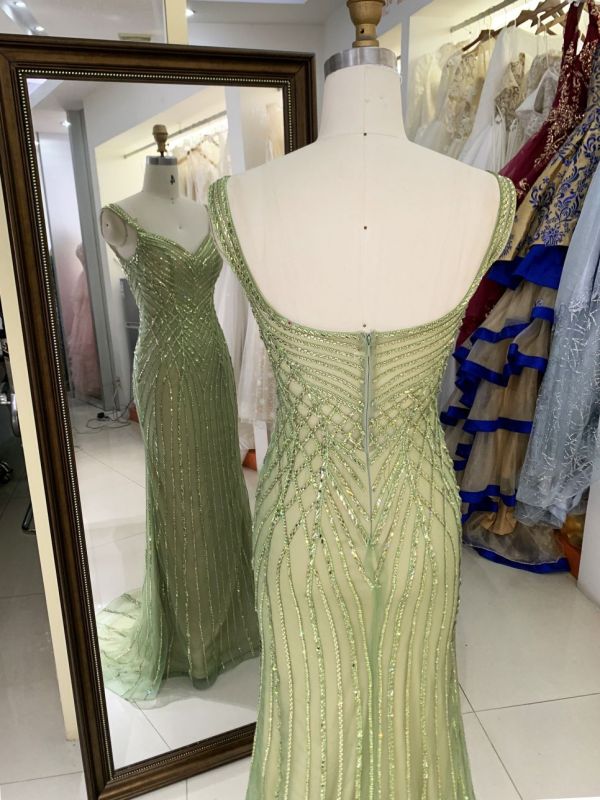New luxury wholesale sage beading chain long gowns evening dresses women for prom 2025 robe des soiree chic