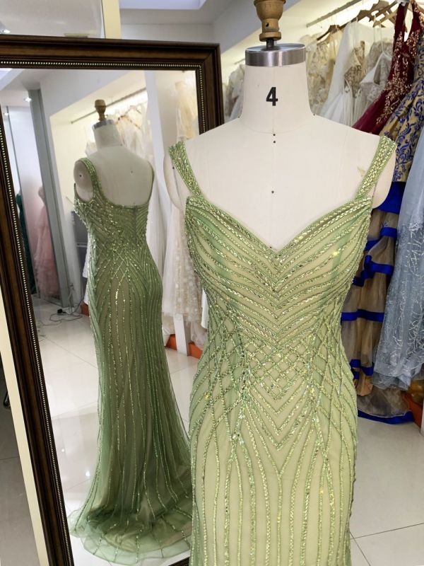 New luxury wholesale sage beading chain long gowns evening dresses women for prom 2025 robe des soiree chic