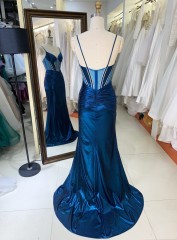 New Fashionable 2025 high quality elegant Teal sleeveless corset zipper up back mermaid fitted satin prom dresses