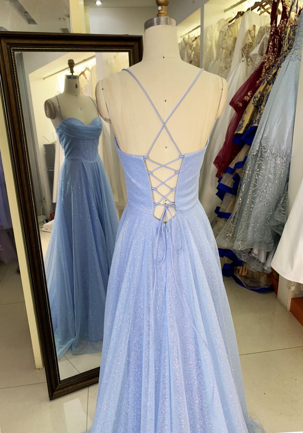 2025 New style pale blue elegant glitter tulle A Line skirt women's evening dress long train prom dress