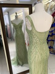 New luxury wholesale sage beading chain long gowns evening dresses women for prom 2025 robe des soiree chic