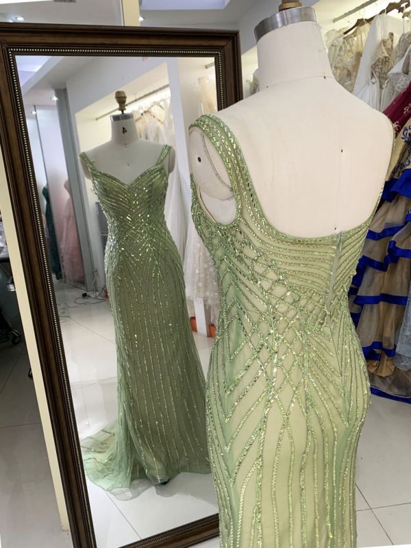 New luxury wholesale sage beading chain long gowns evening dresses women for prom 2025 robe des soiree chic