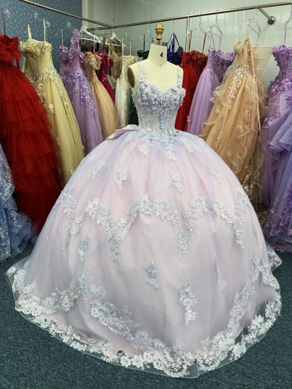 2025 New custom high quality pink and purple color V-neck 3D flowers embroidery lace evening ball gowns for quinceanera dress