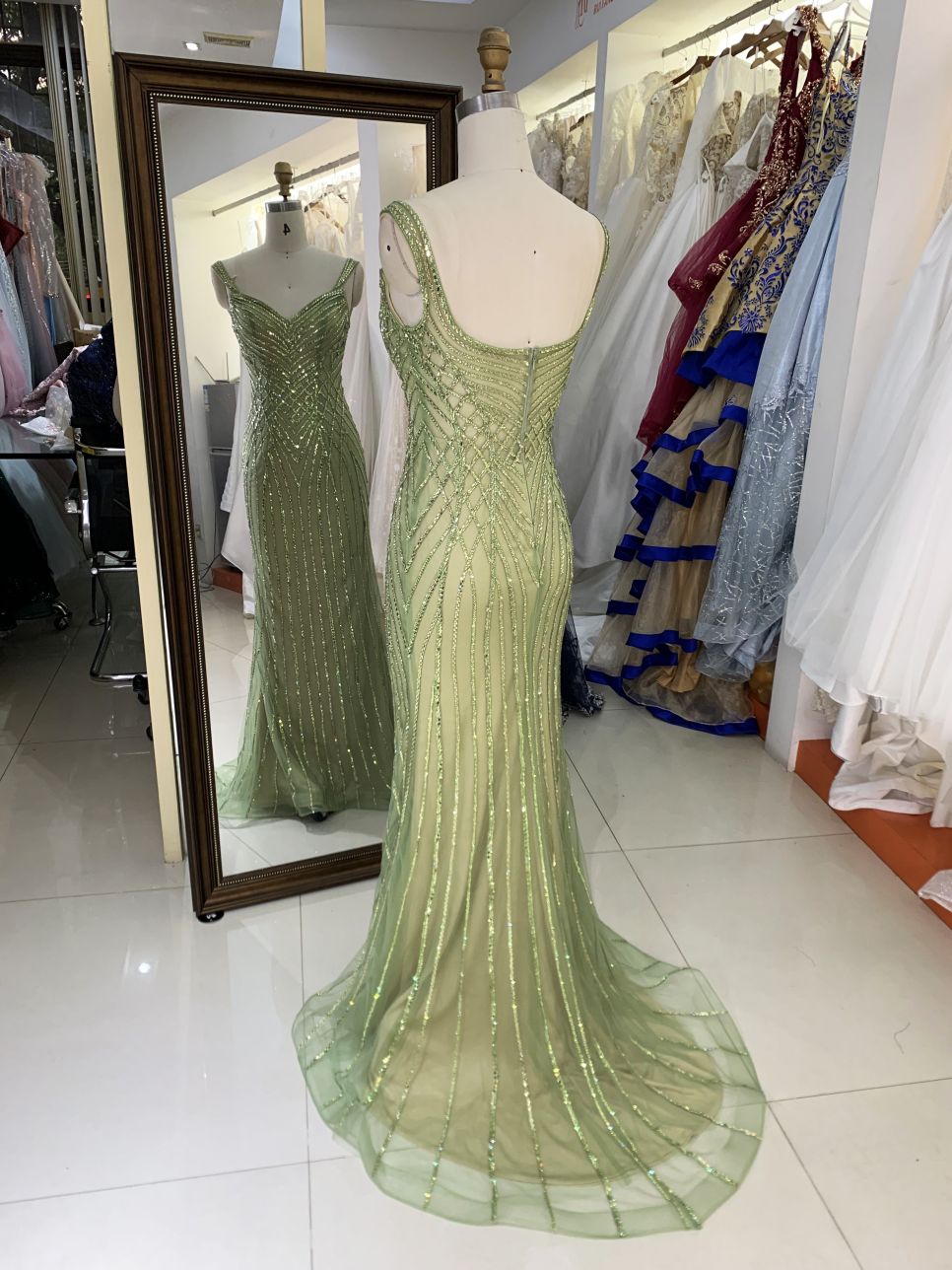 New luxury wholesale sage beading chain long gowns evening dresses women for prom 2025 robe des soiree chic
