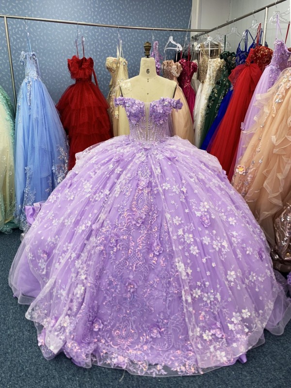 Hot Sale Fairy Quinceanera Elegant Purple Lace Beading Party Birthday Ball Gown Evening Dresses 2025