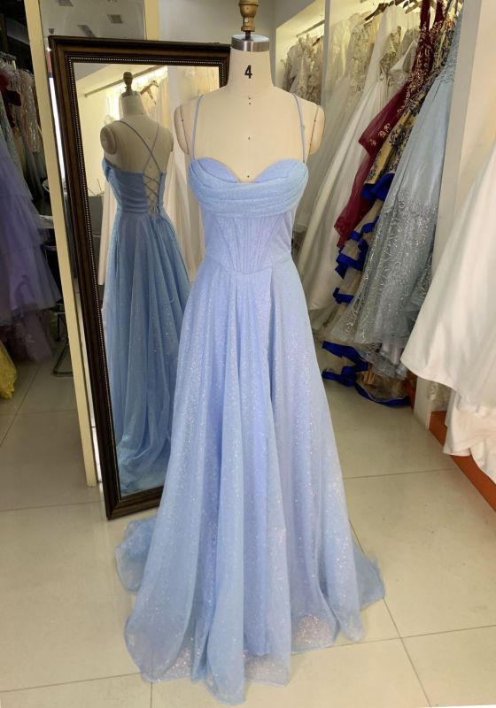 2025 New style pale blue elegant glitter tulle A Line skirt women's evening dress long train prom dress