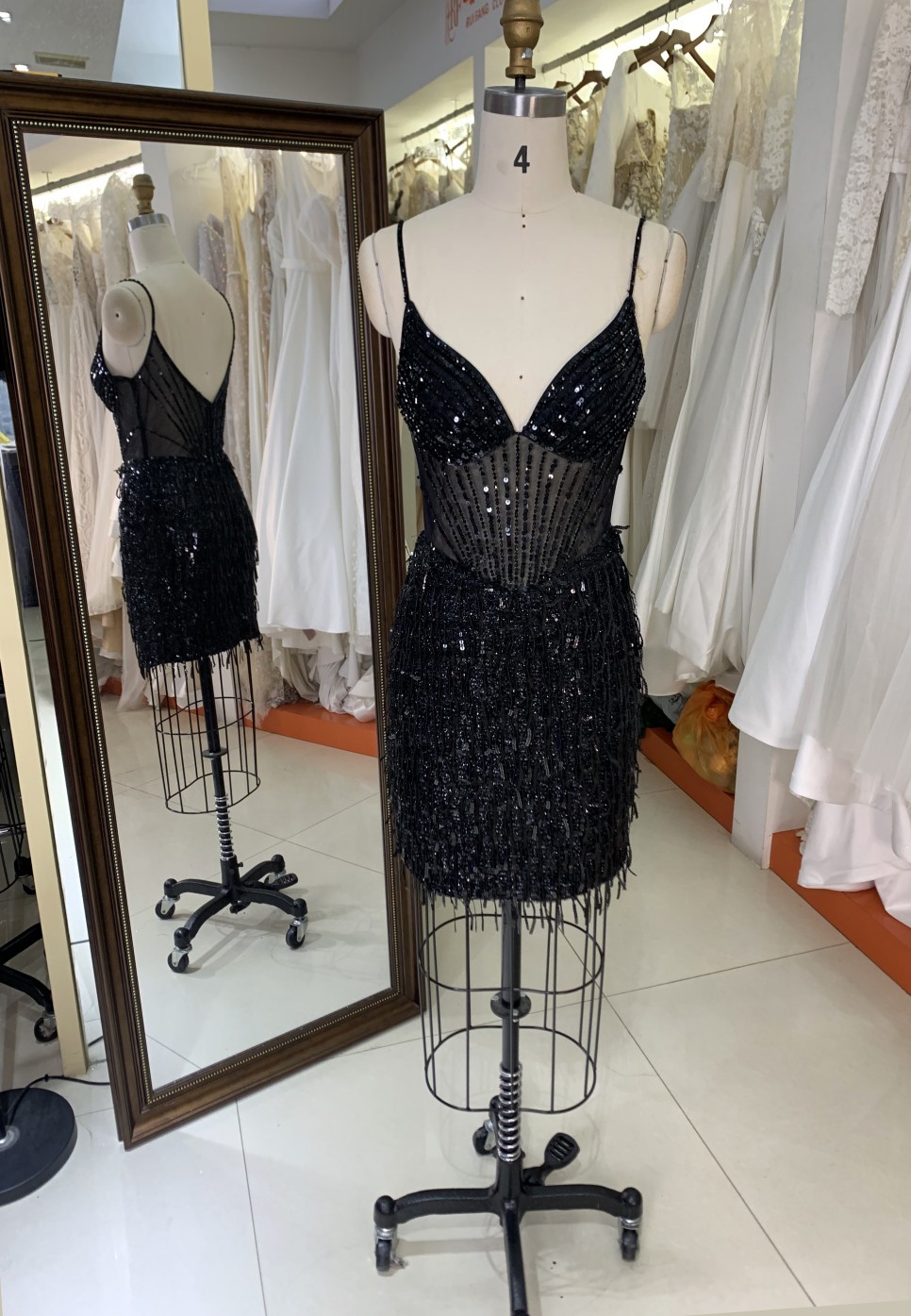 2025 Black fashion sexy tassel fringe sequin satin dance dress see-through corset party dress for Ladies Party Homecoming