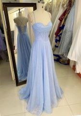 2025 New style pale blue elegant glitter tulle A Line skirt women's evening dress long train prom dress
