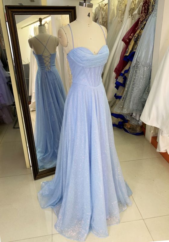 2025 New style pale blue elegant glitter tulle A Line skirt women's evening dress long train prom dress