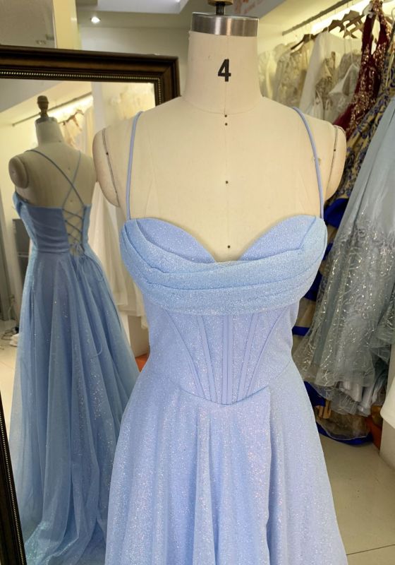 2025 New style pale blue elegant glitter tulle A Line skirt women's evening dress long train prom dress
