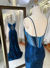New Fashionable 2025 high quality elegant Teal sleeveless corset zipper up back mermaid fitted satin prom dresses