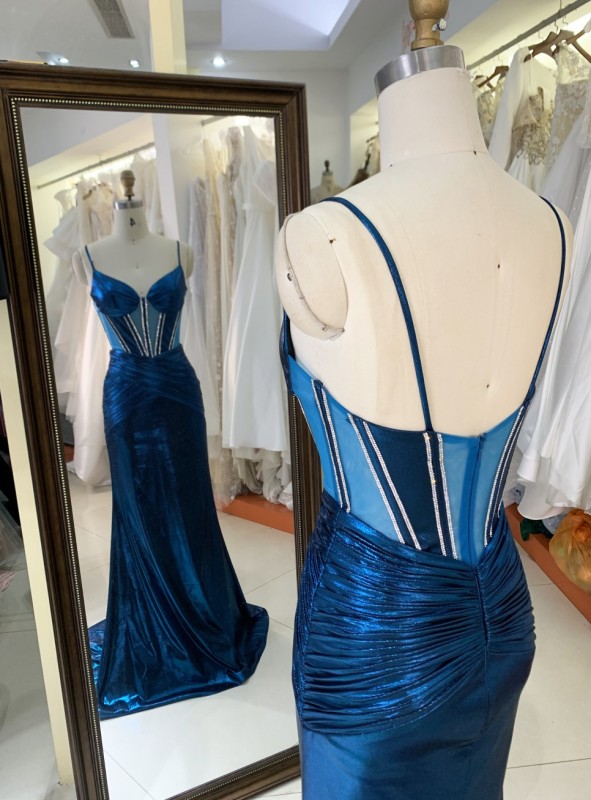 New Fashionable 2025 high quality elegant Teal sleeveless corset zipper up back mermaid fitted satin prom dresses