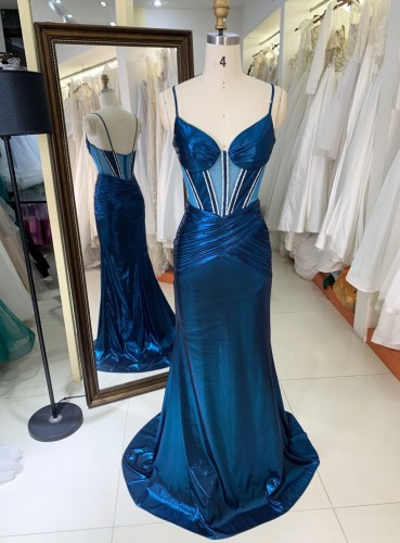 New Fashionable 2025 high quality elegant Teal sleeveless corset zipper up back mermaid fitted satin prom dresses