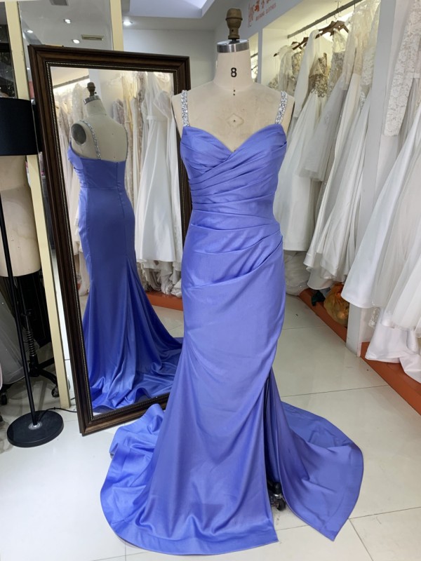 2025 New blue wholesale elegant sweetheart pleat beading straps prom party dresses for women evening gown