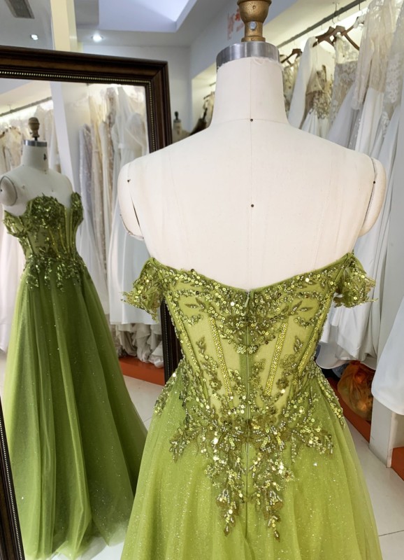 2025 Prom evening dress sage crystal chain elegant off shoulder wholesale long gowns evening dresses for bride prom dress girl