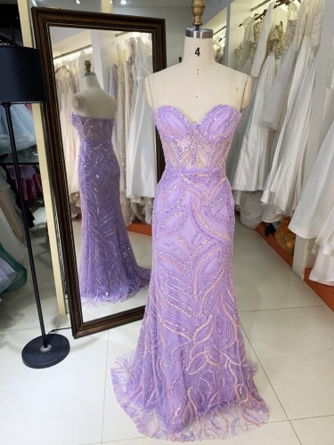 2025 New lilac wholesale prom dress lady elegant beading straps prom party dresses for women evening gown