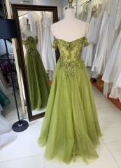 2025 Prom evening dress sage crystal chain elegant off shoulder wholesale long gowns evening dresses for bride prom dress girl