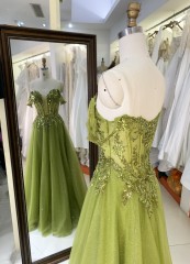 2025 Prom evening dress sage crystal chain elegant off shoulder wholesale long gowns evening dresses for bride prom dress girl