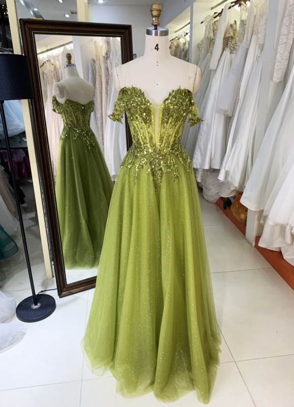 2025 Prom evening dress sage crystal chain elegant off shoulder wholesale long gowns evening dresses for bride prom dress girl