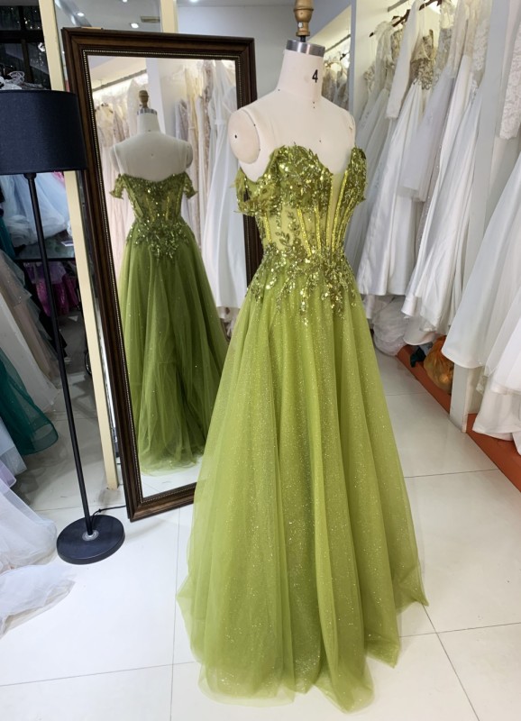 2025 Prom evening dress sage crystal chain elegant off shoulder wholesale long gowns evening dresses for bride prom dress girl