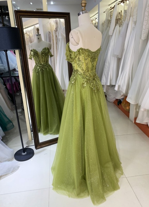 2025 Prom evening dress sage crystal chain elegant off shoulder wholesale long gowns evening dresses for bride prom dress girl