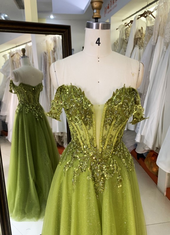 2025 Prom evening dress sage crystal chain elegant off shoulder wholesale long gowns evening dresses for bride prom dress girl